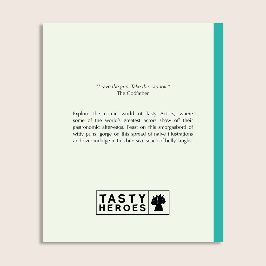 Tasty Actors back cover with book description and Tasty Heroes logo