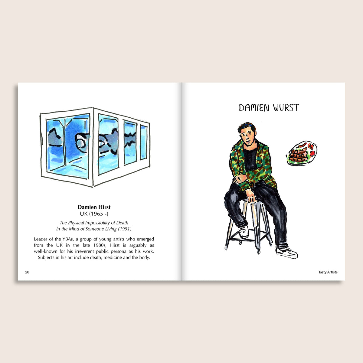 Tasty Artists interior spread – Damien Wurst, illustrated portrait and full-length character with wurst.