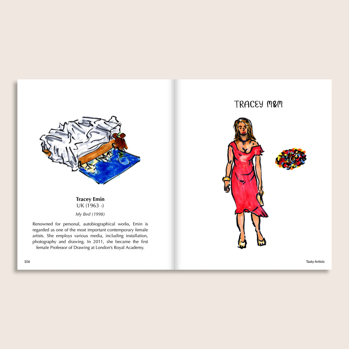 Tasty Artists interior spread – Tracey M&M, illustrated portrait and full-length character with M&Ms.