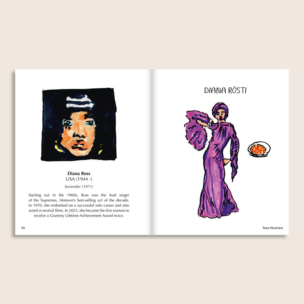 Tasty Musicians interior spread – Diana Rösti, illustrated portrait and full-length character with rösti.