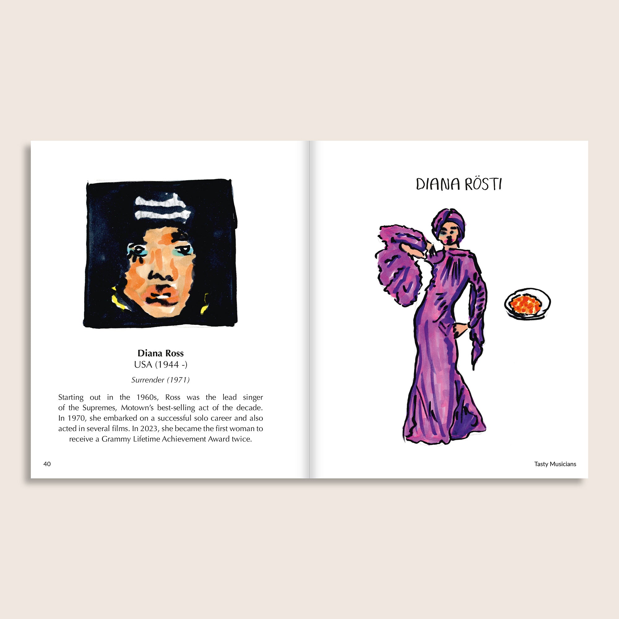 Tasty Musicians interior spread – Diana Rösti, illustrated portrait and full-length character with rösti.