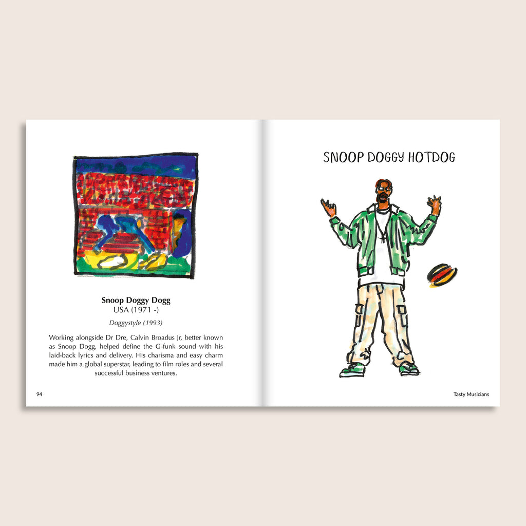 Tasty Musicians interior spread – Snoop Doggy Hotdog, illustrated portrait and full-length character with hotdog.