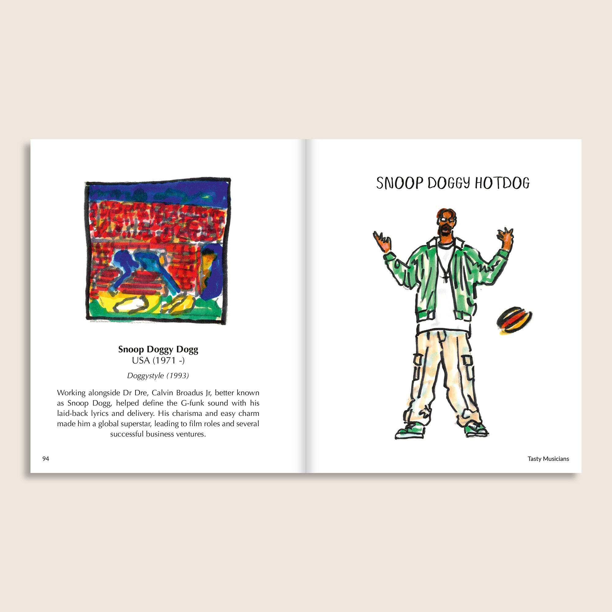 Tasty Musicians interior spread – Snoop Doggy Hotdog, illustrated portrait and full-length character with hotdog.