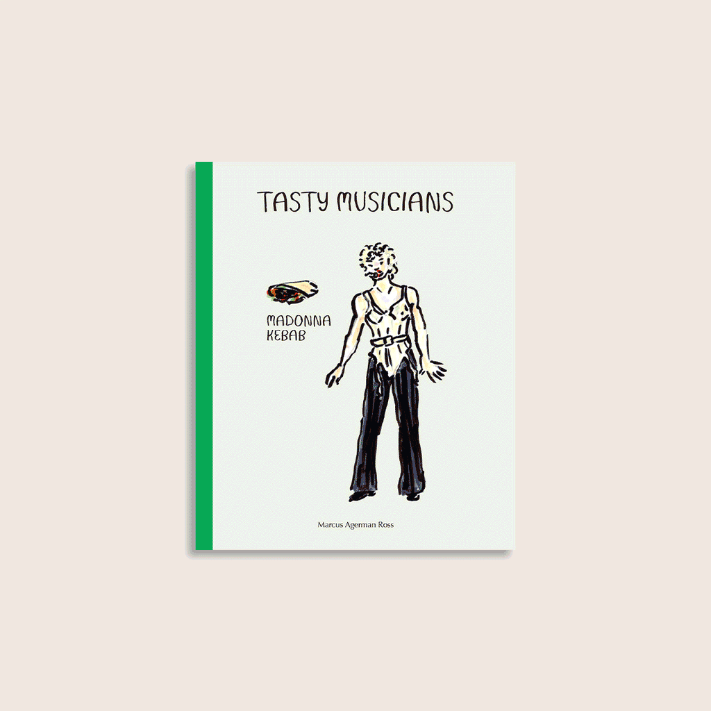 Tasty Musicians pocket book – animated page-through featuring 54 illustrated musician puns, each with portrait, full-length character and food alter-ego