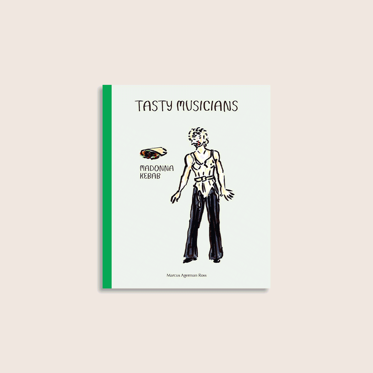 Tasty Musicians pocket book – animated page-through featuring 54 illustrated musician puns, each with portrait, full-length character and food alter-ego