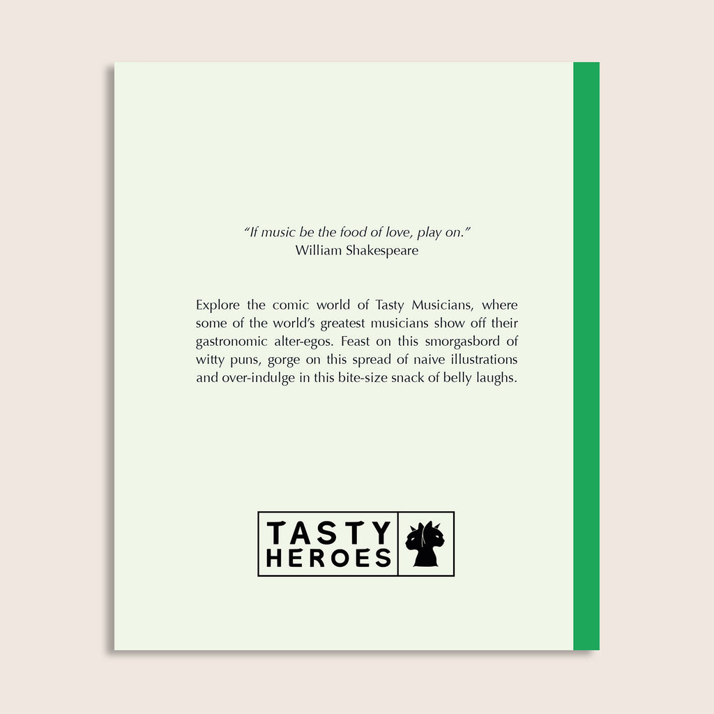 Tasty Musicians back cover with book description and Tasty Heroes logo