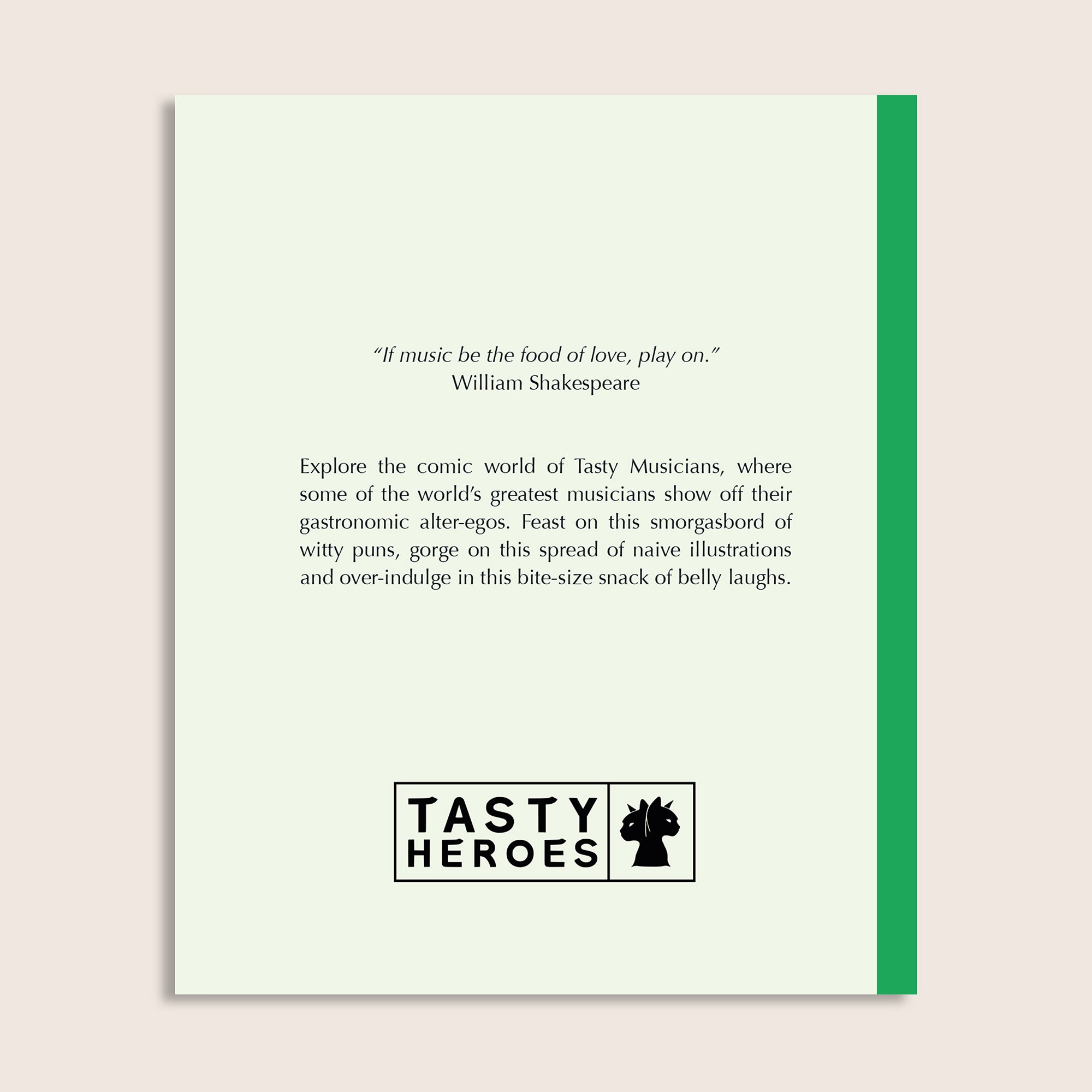 Tasty Musicians back cover with book description and Tasty Heroes logo