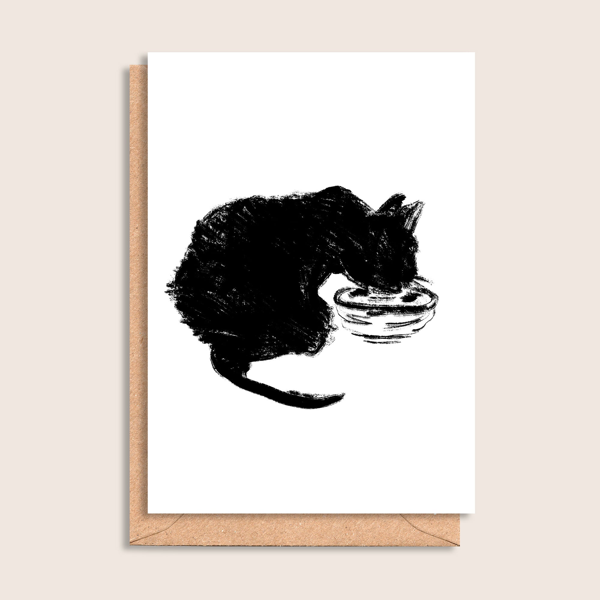 The Thirsty Cat – illustrated black ink cat greeting card by Tasty Heroes