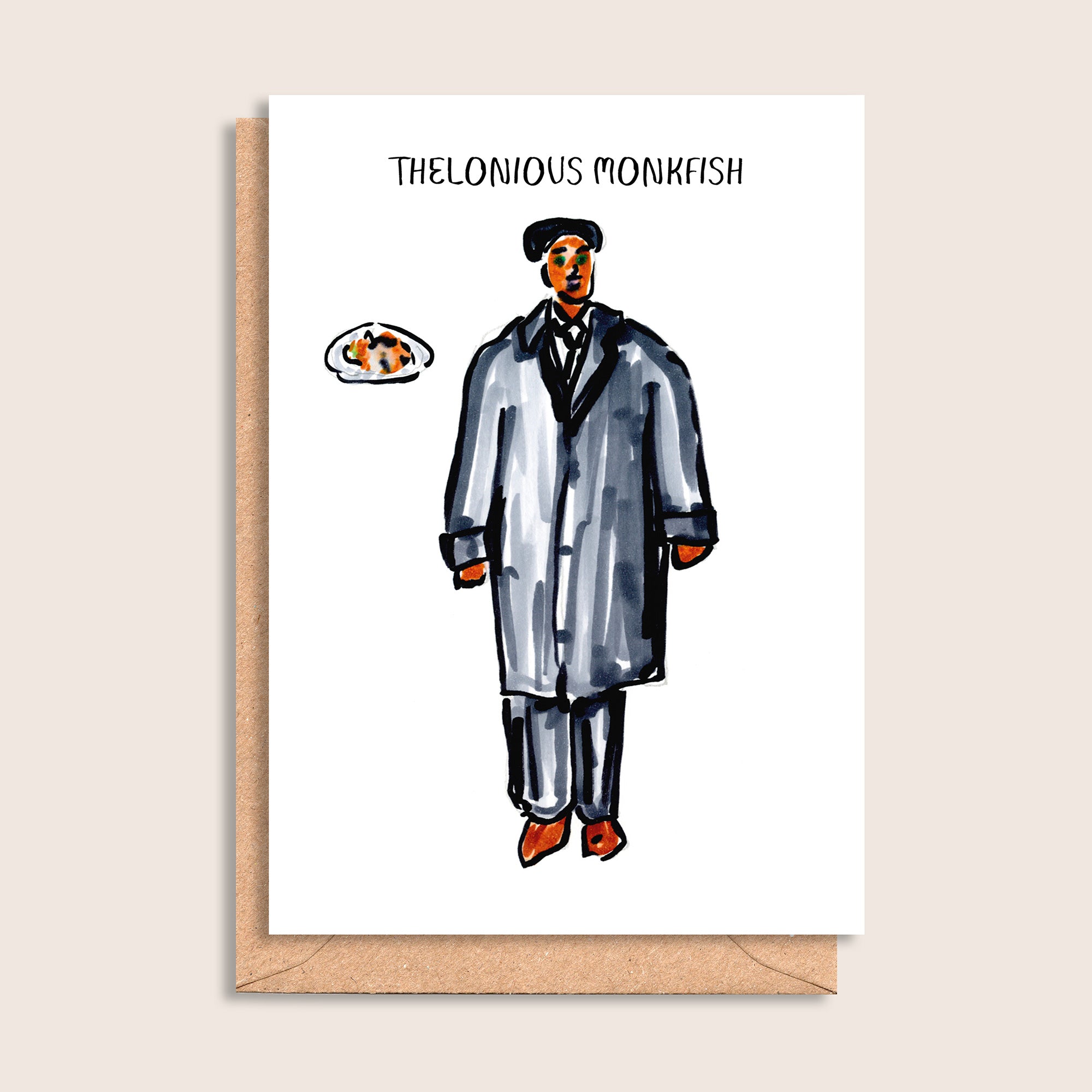 Thelonious Monkfish – illustrated portrait greeting card, front