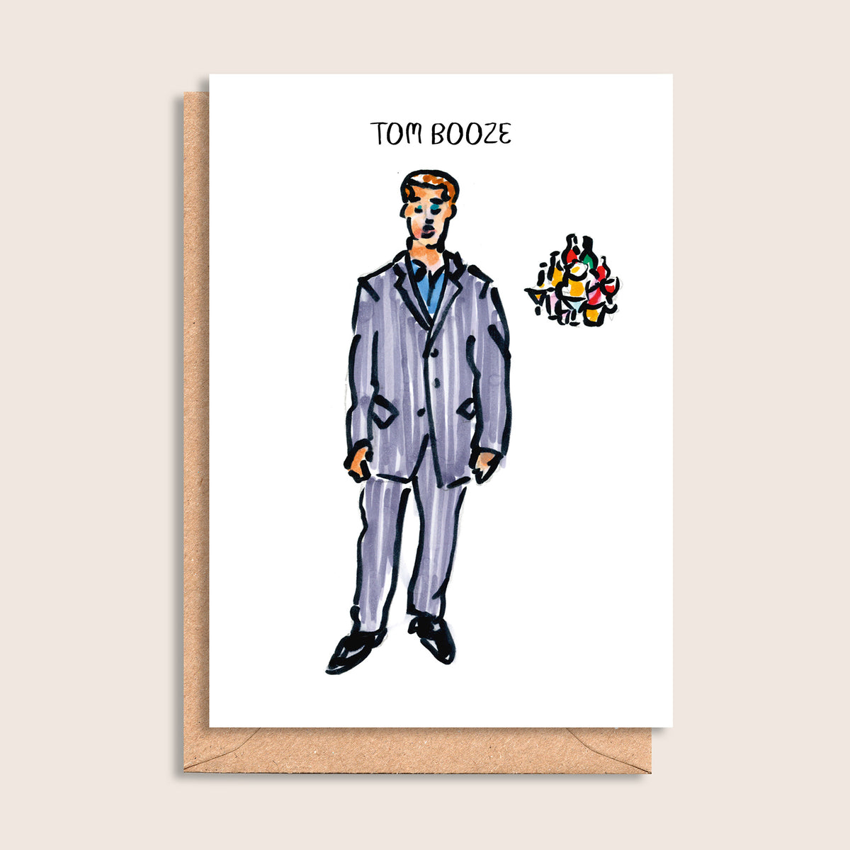 Tom Booze – illustrated portrait greeting card, front