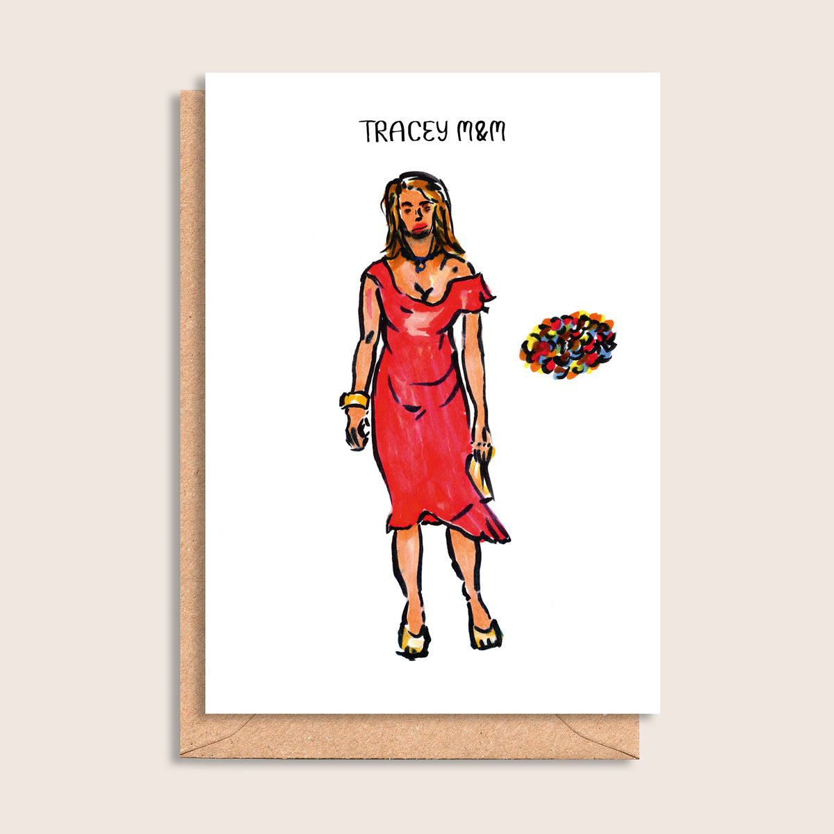 Tracey M&M – illustrated portrait greeting card, front