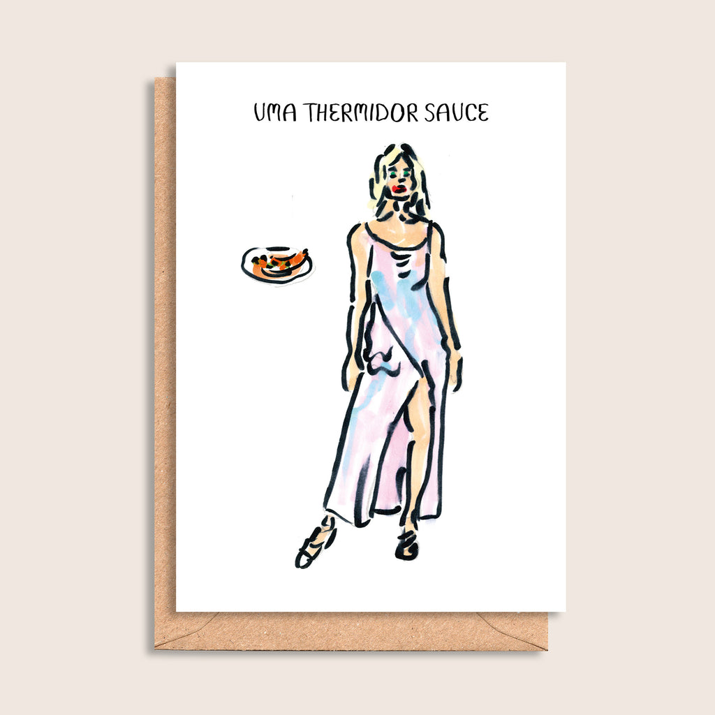 Uma Thermidor Sauce – illustrated portrait greeting card, front