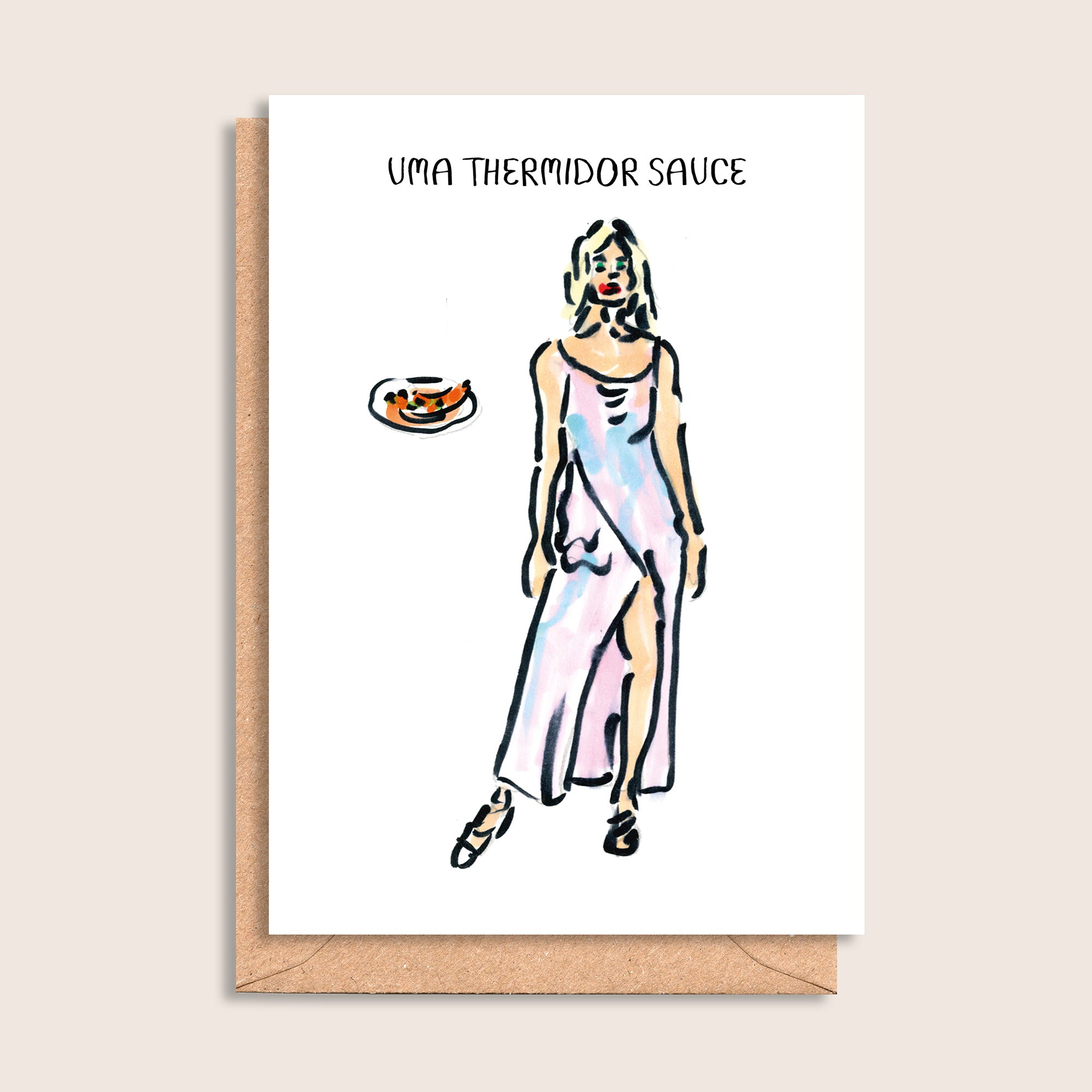 Uma Thermidor Sauce – illustrated portrait greeting card, front