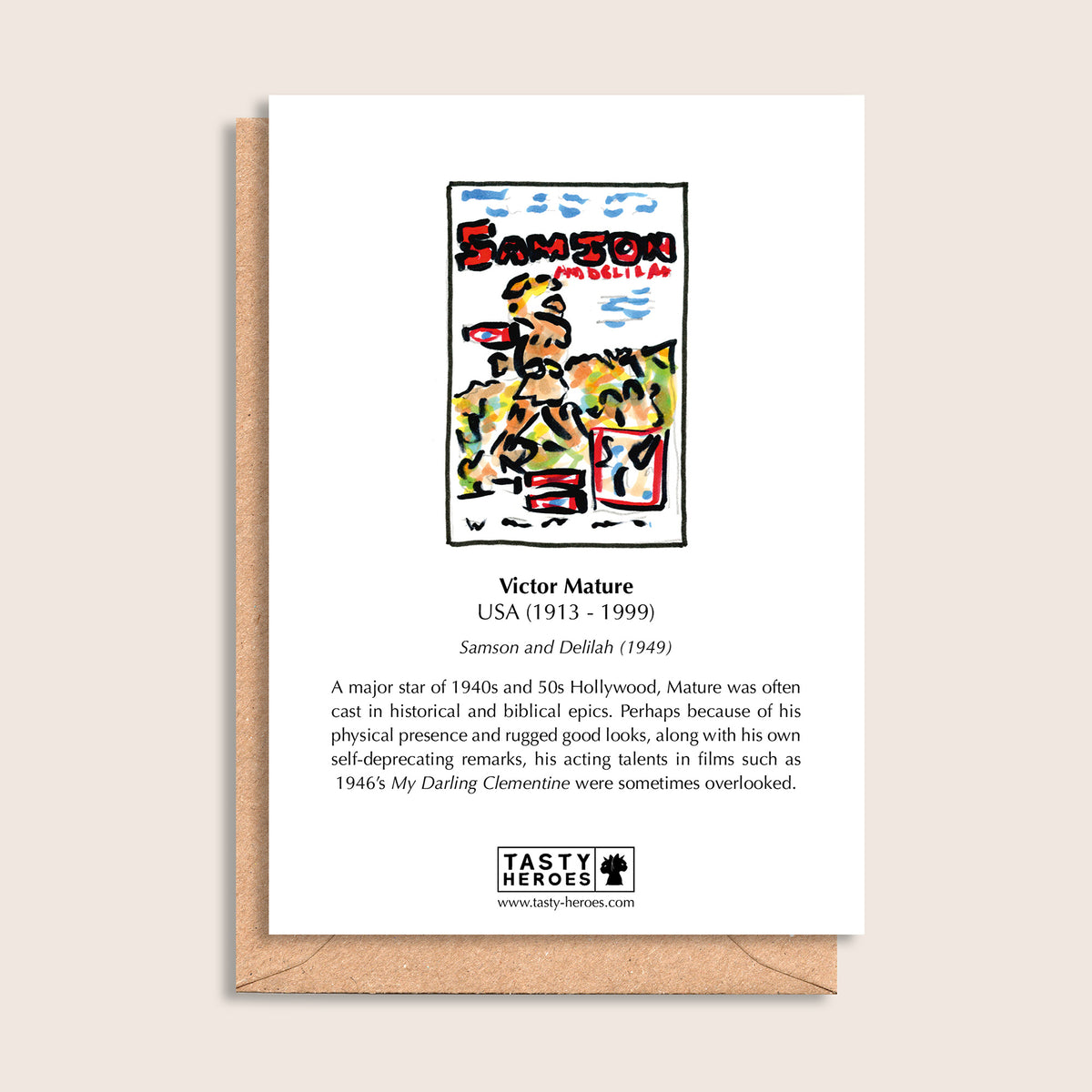 Victor Mature Cheddar – biographical note and Victor Mature artwork, reverse