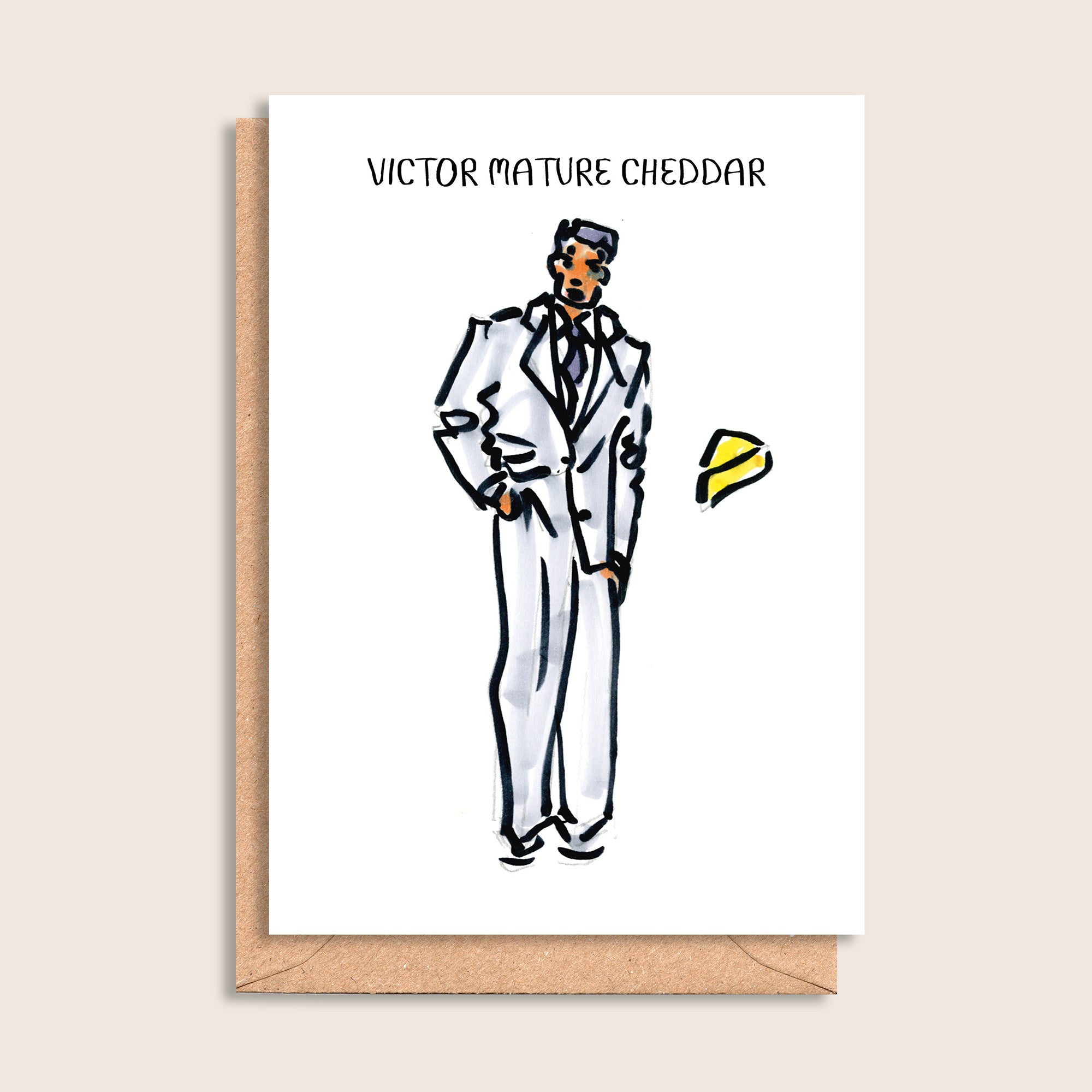 Victor Mature Cheddar – illustrated portrait greeting card, front