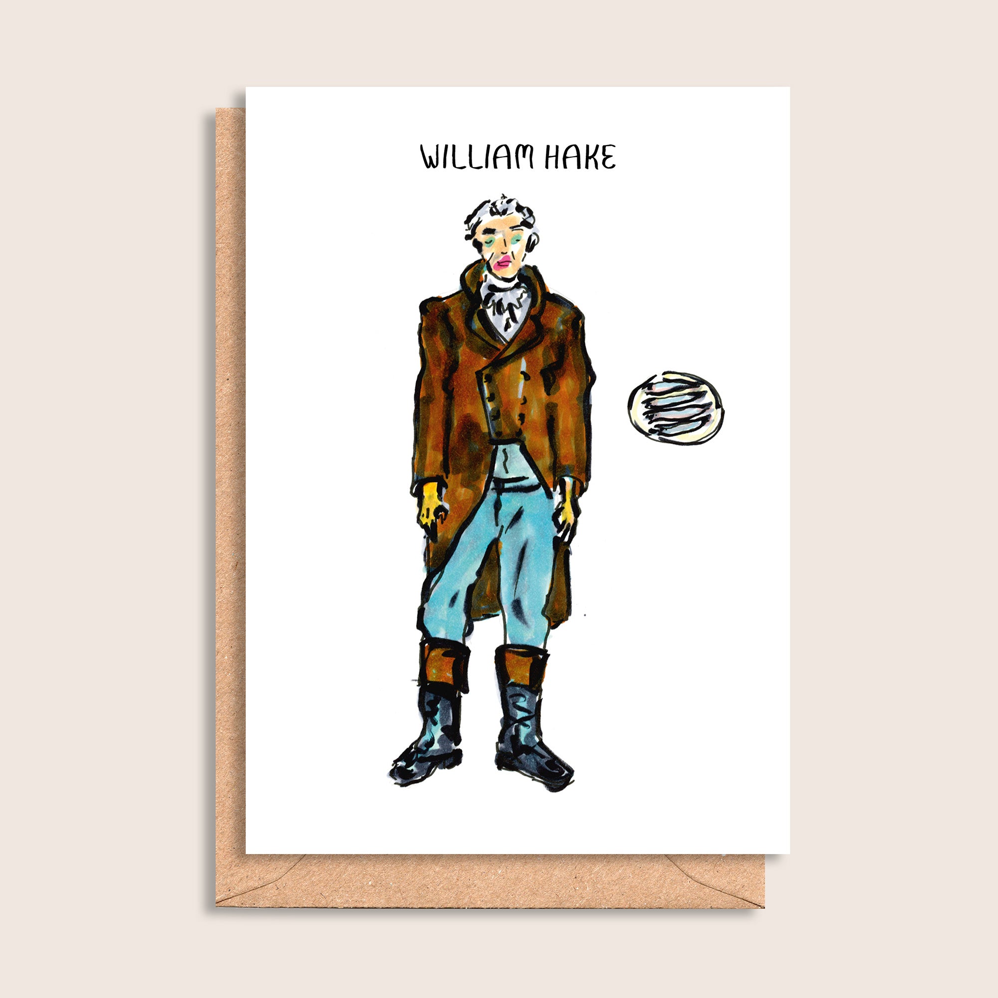 William Hake – illustrated portrait greeting card, front