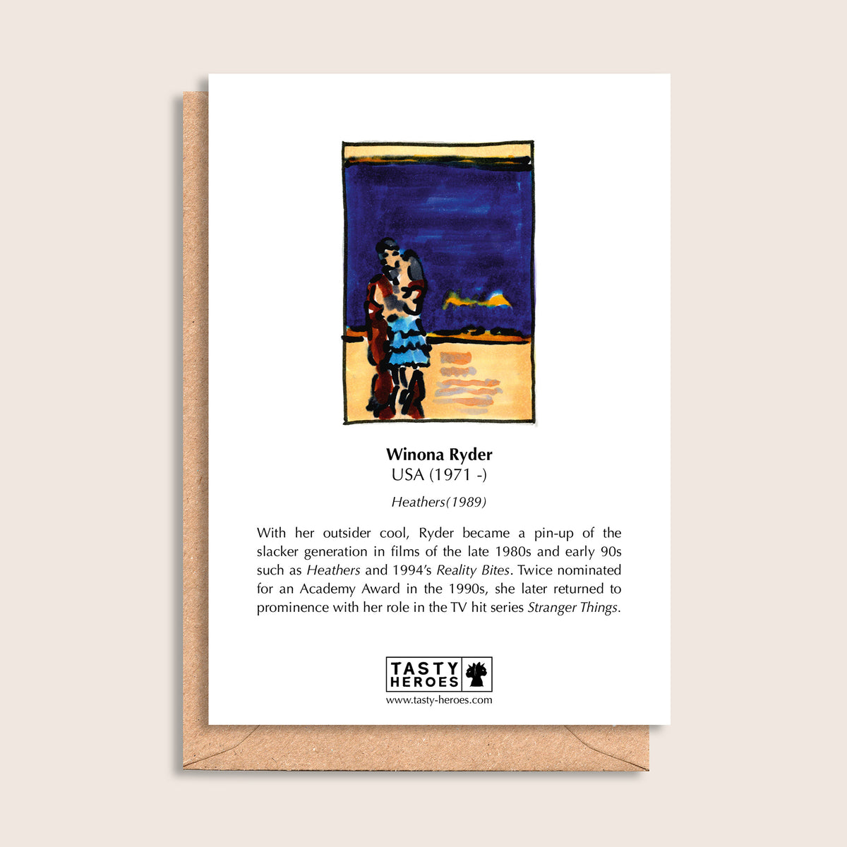 Winona Slider – biographical note and Winona Ryder artwork, reverse