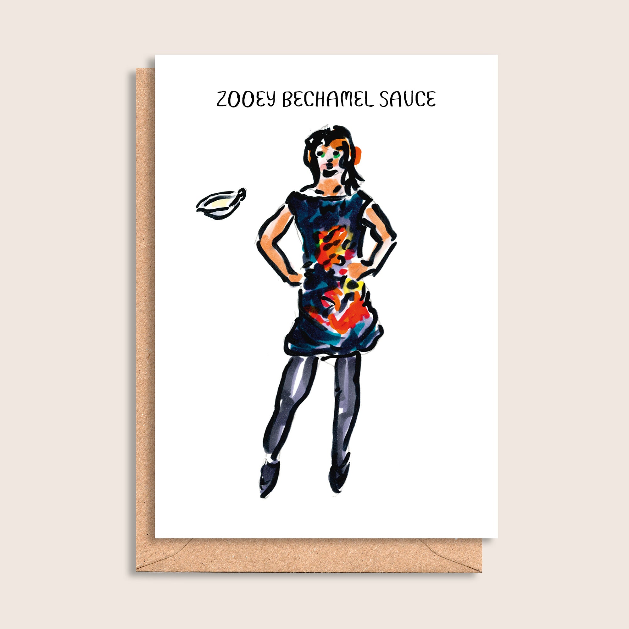 Zooey Bechamel Sauce – illustrated portrait greeting card, front